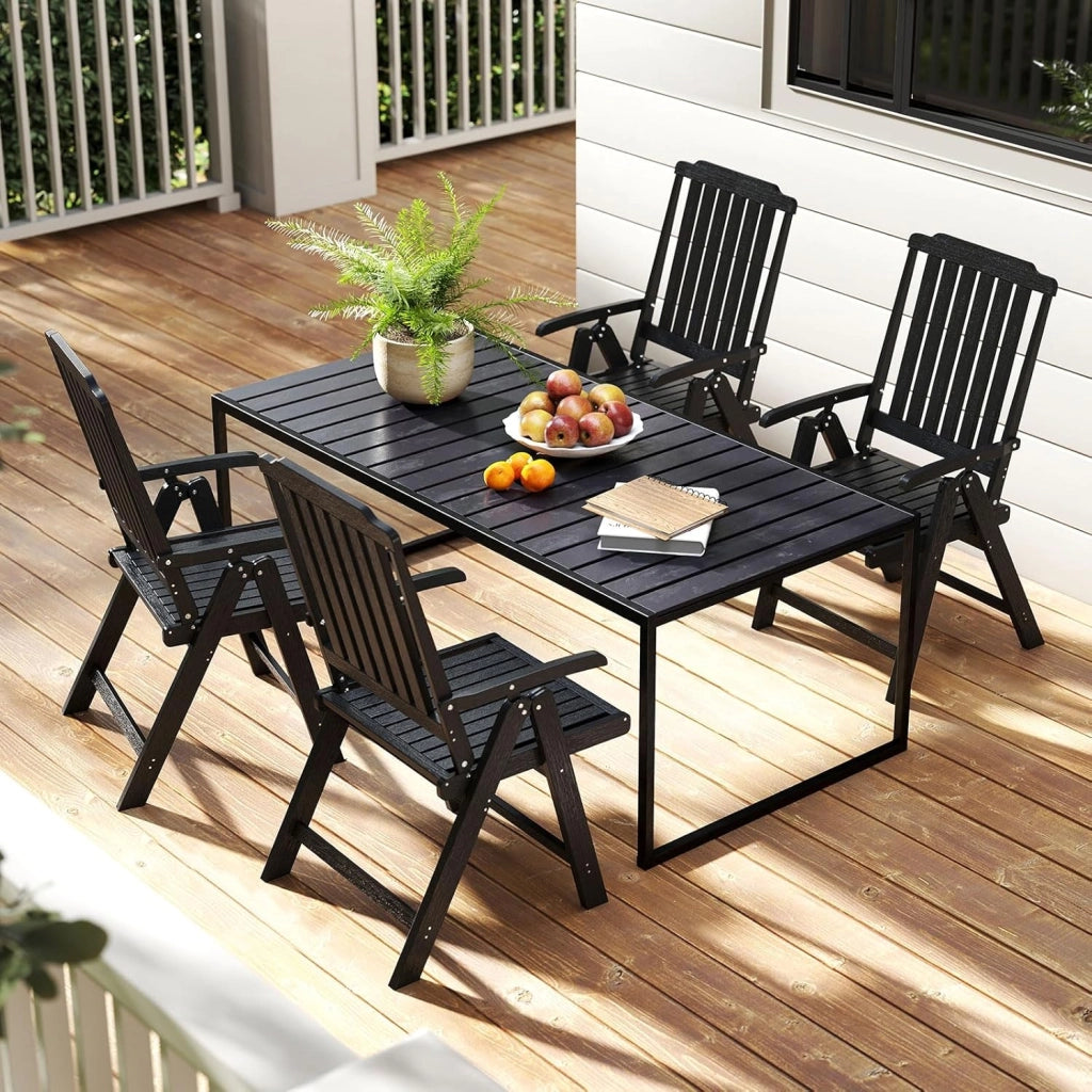 Sedia da Veranda Pieghevole, Sedia da Pranzo in HDPE con Braccioli, Schienale Curvo, Seduta a Listoni, Design Robusto per Terrazza, Giardino, Prato, Portico, Balcone, Portata 150 kg (Nero)