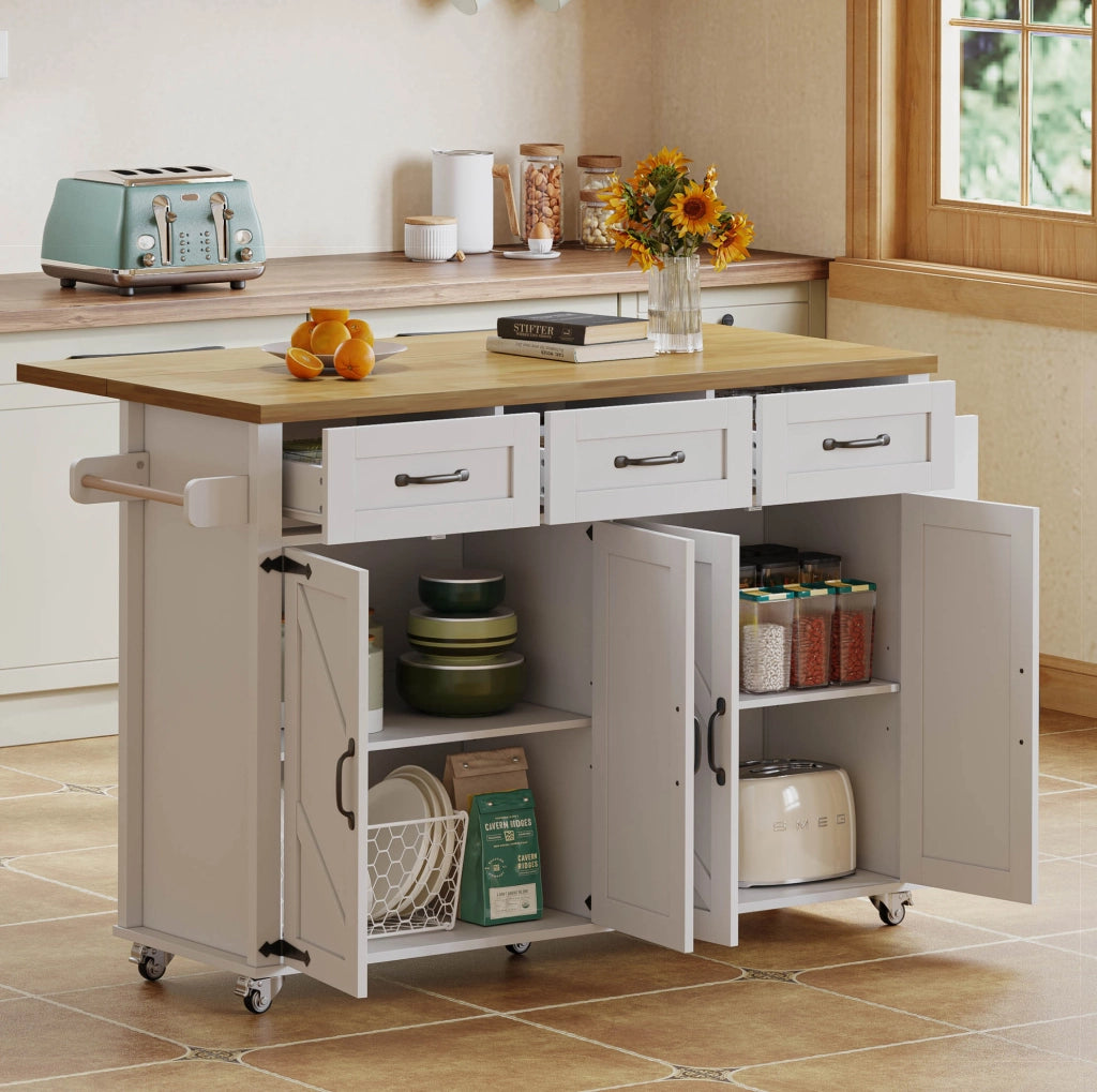 Isola da cucina con piano ribaltabile 140x43(70)x90;5 cm in MDF bianco e naturale