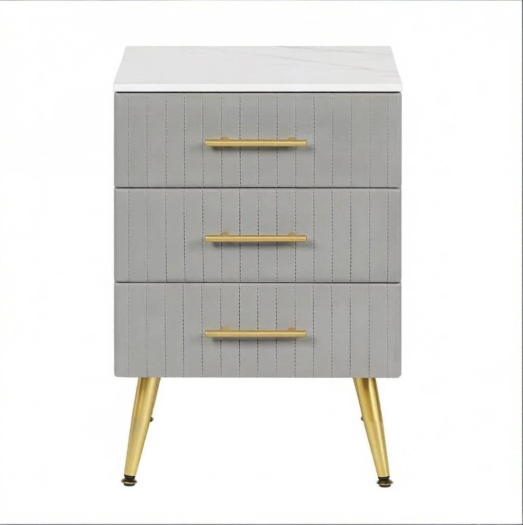 Comodino 40,5 x 41 x 60 cm in MDF grigio, 3 cassetti, effetto marmo