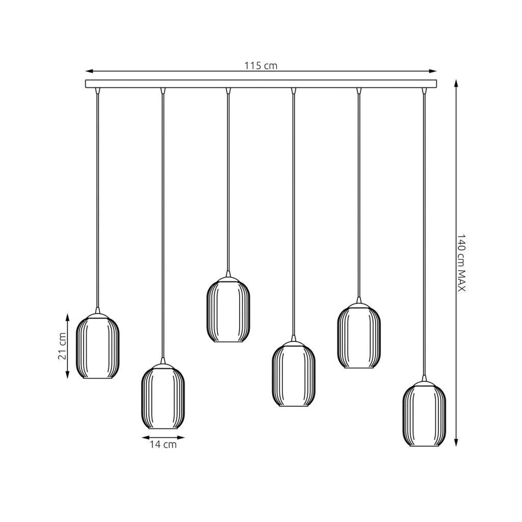 Lampadario 6 Luci Selene In Acciaio Nero E Vetri Plissettati Fumè