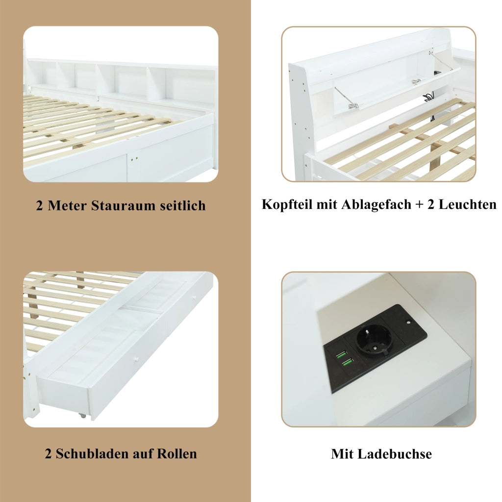 Letto matrimoniale con testiera portaoggetti; 2 luci LED e prese USB; struttura in legno massello e MDF; bianco; 140x200 cm