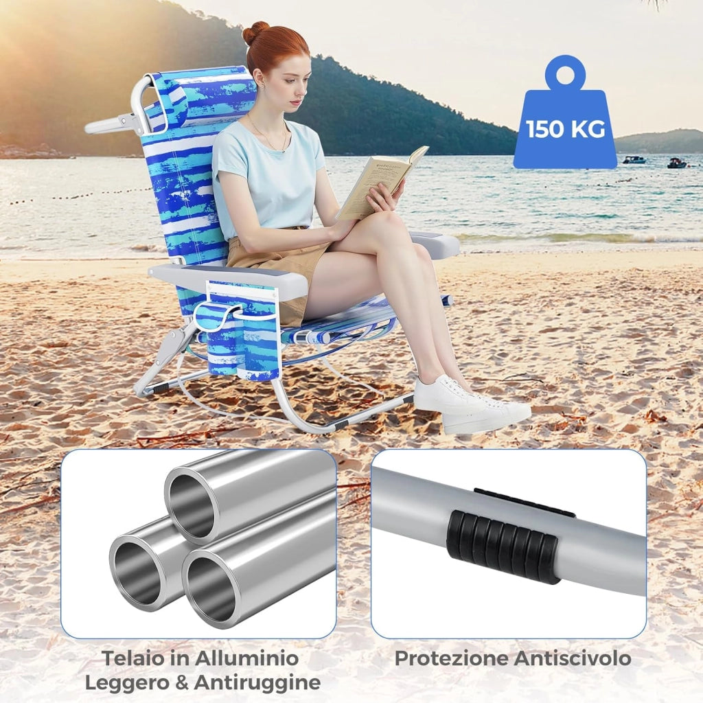 Sedia da Spiaggia, Sdraio Pieghevole a 5 Posizioni con Portabicchieri, Poltrona da Spiaggia con Cuscino per Testa e Zaino, Sedia da Campeggio Portatile, Portata 150 kg (Blu Scuro,2)