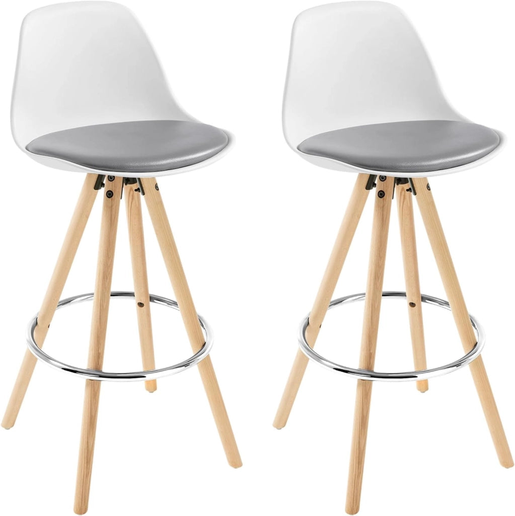 Sgabelli Bar Set di 2, Sedia Alta con Schienale e Poggiapiedi per Isola Cucina, Pub, Sala da Pranzo, in Gambe Legno, Lino, Patchwork