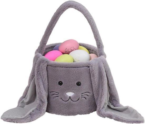 Borsa da pasqua per bambini, borsa in forma di coniglio con orecchie lunghe e pelose, carrello da pasqua per uova, dolci e regali (grigio)