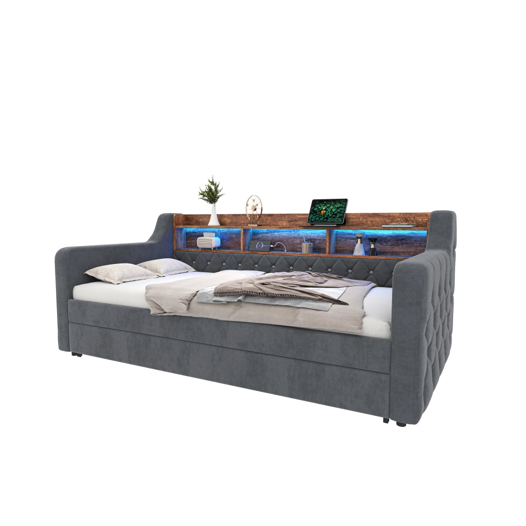 Divano letto in velluto - Zephmum- 90x190 cm- Grigio- Con spazio di archiviazione, LED, USB-C, 12 doghe