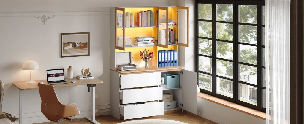 Vetrina alta con LED, 1 anta, 3 cassetti e vani aperti, per soggiorno e cucina, in MDF, bianco e rovere, 120 × 200 cm