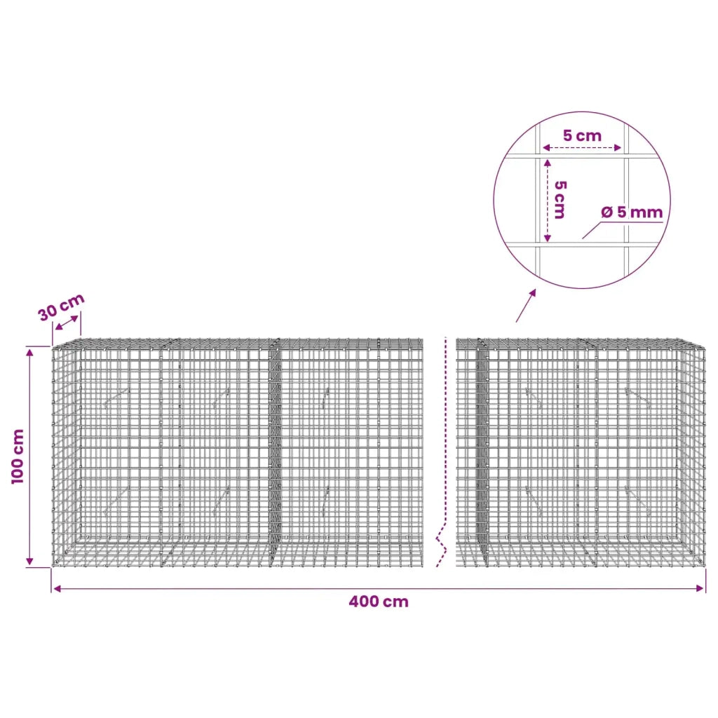 Gabione con filo da 5 mm e rete da 5x5 cm 400x30x100 cm 3464162