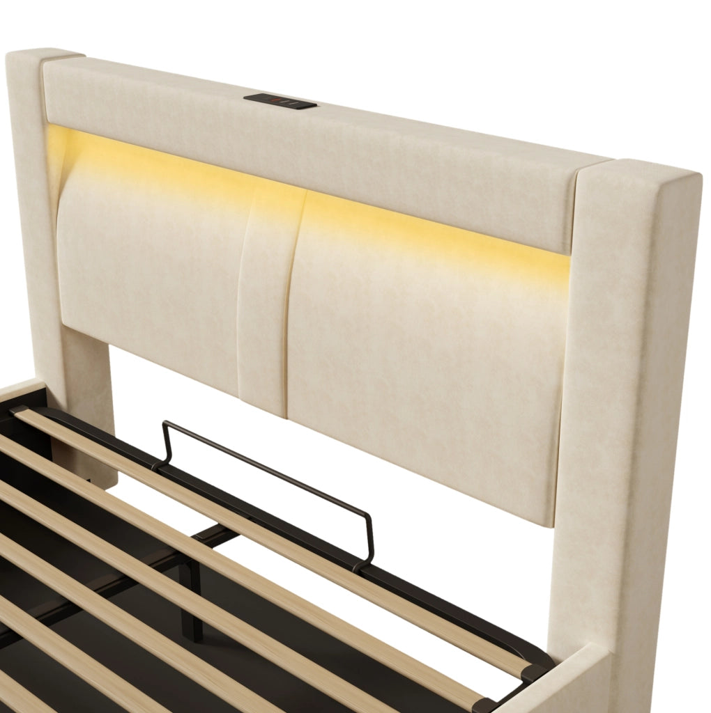 Letto matrimoniale 140x200 cm con contenitore; LED; USB e Type-C; testiera curva in velluto beige
