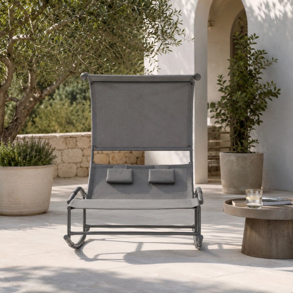 Lettino Due Posti Oscillante Prendisole Con Parasole Incorporato Design Ergonomico In Textilene Traspirante Struttura Acciaio E Cuscini Per Spazi Giardino Piscina Outdoor 140x200x185 Cm Grigio