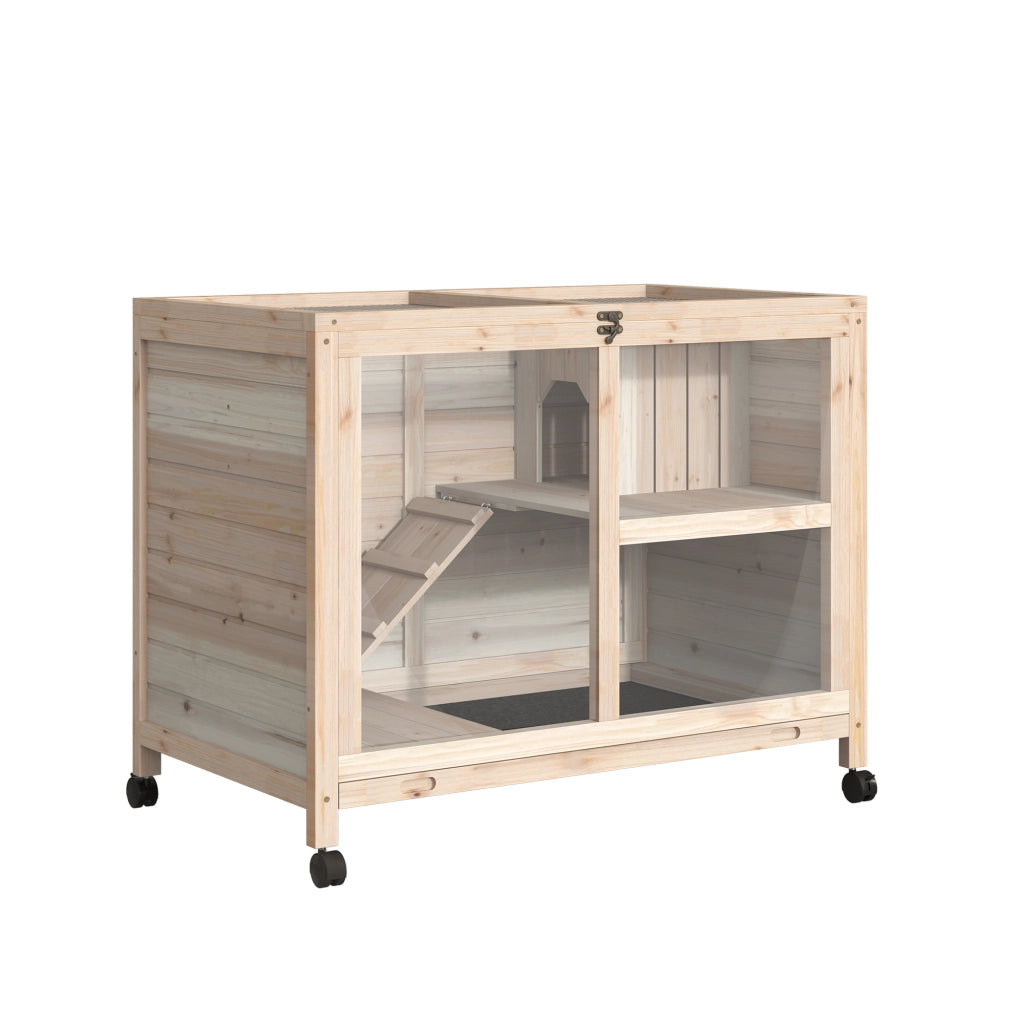 Gabbia per conigli in legno massello 2 piani con ruote ¨C Zephmum ¨C 91.5x53.3x73 cm