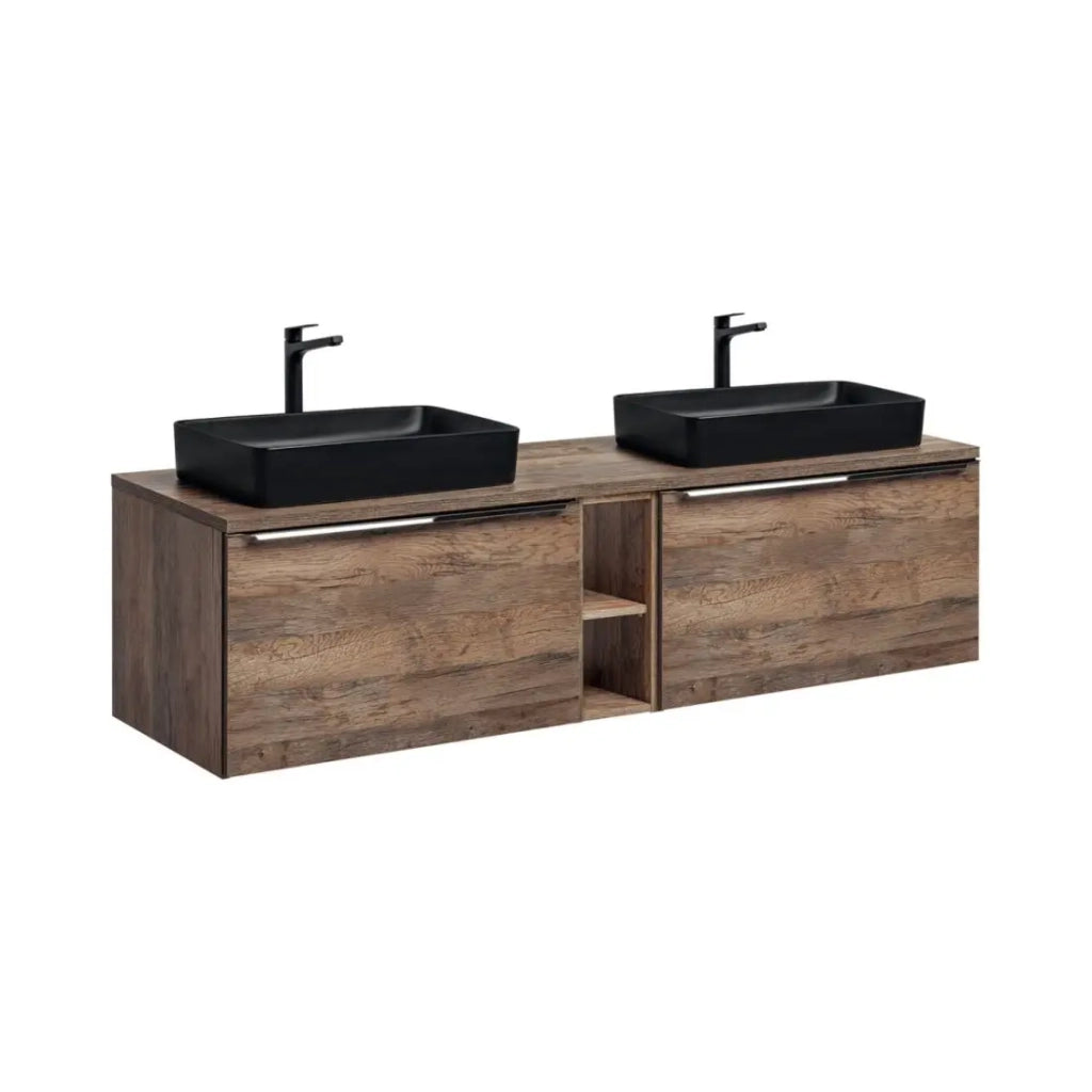 Set da bagno VANTA in rovere: mobile sottolavabo 180cm + piano lavabo + 2 lavabi neri da appoggio