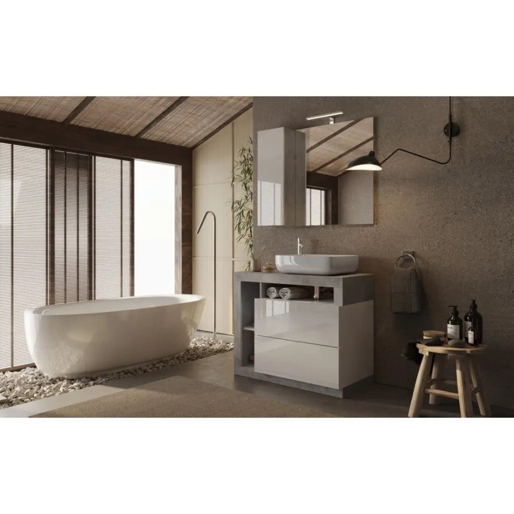 Mobile da bagno con un lavabo e 2 cassetti, lunghezza 92 cm, collezione BURA. Colori bianco lucido e cemento.