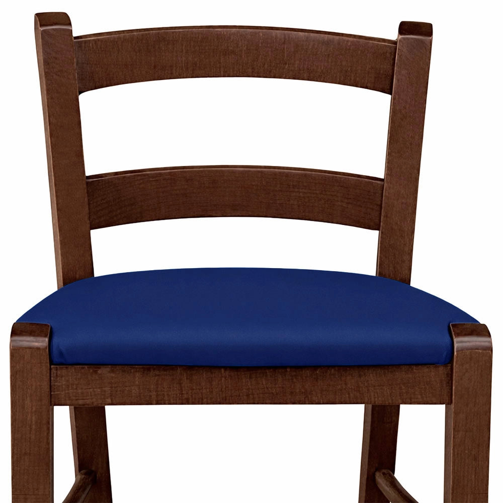 Sgabello in legno noce scuro h 67 cm con seduta imbottita in similpelle blu
