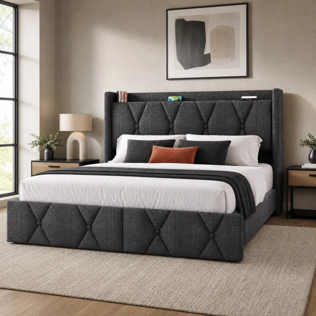 Letto matrimoniale 140x200 cm con 4 cassetti e ricarica USB
