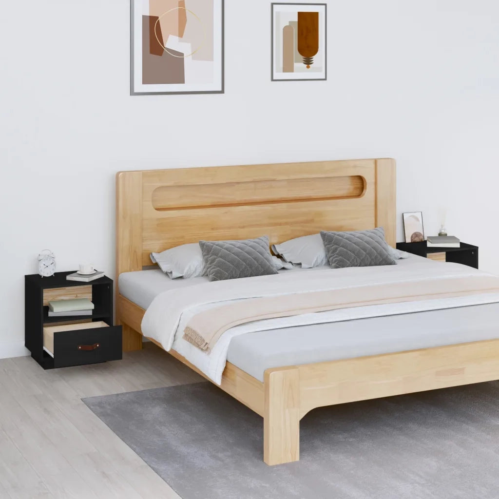 Set di 2 Comodini | Armadio da Notte | Mobiletto da notte Nero 40x34x45 cm in Legno Massello di Pino