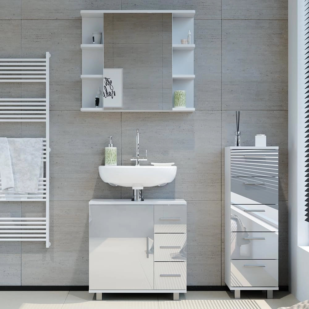 Set mobili bagno Ilias, Bianco lucido, 60 cm, composto da mobile sottolavabo, specchiera e mobile medio