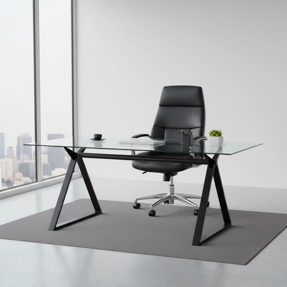 Tavolo da Pranzo Skylar 180×90 cm in Vetro Temperato con Gambe a Cavalletto Nere