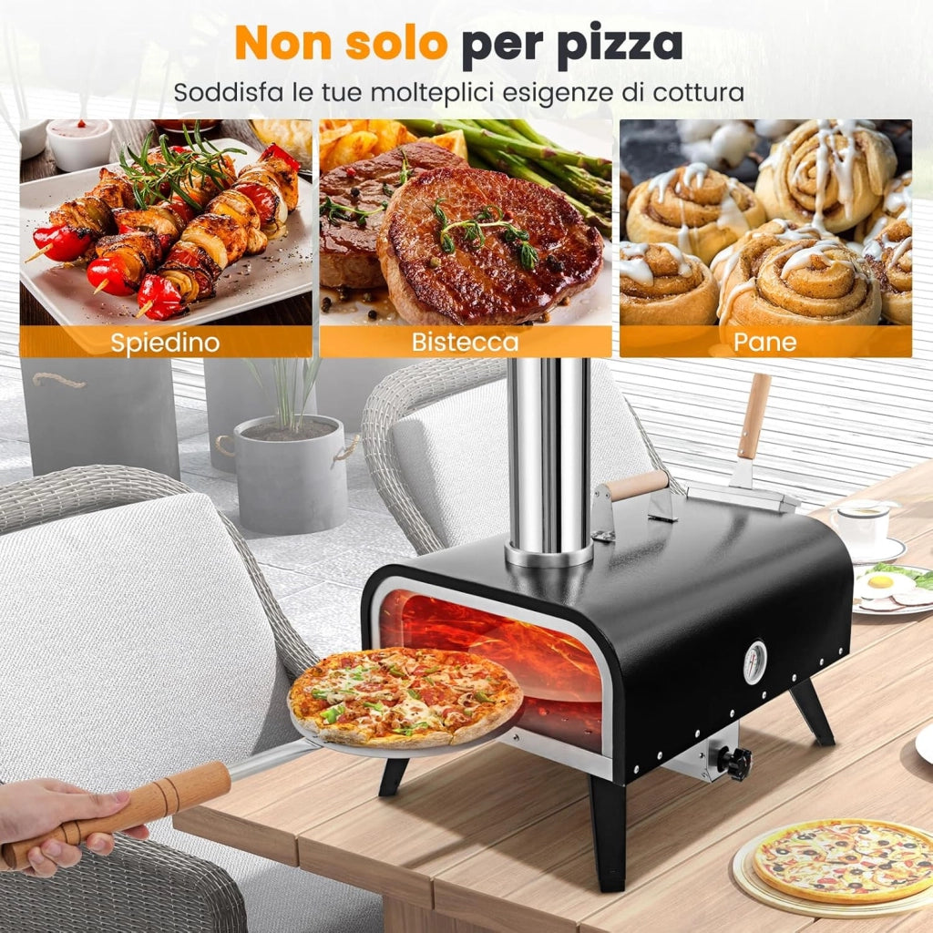 Forno per Pizza Portatile, Forno da Esterno con Pietra per Pizza Rotante a 360°, in Acciaio Inossidabile a 3 Strati con Termometro e Borsa da Trasporto, Nero e Argento