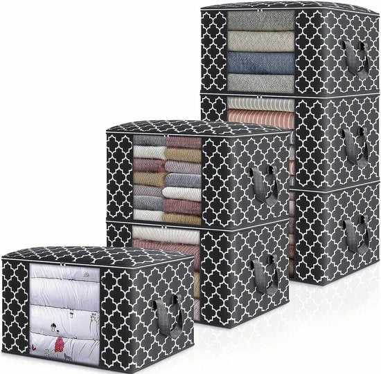 Opbergtas opvouwbaar con cassetto con vetrina trasparente, maniglia rinforzata, chiusura a cerniera robusta, per abbigliamento, lenzuola, coperte, cuscini di peluche, animali di peluche (6 pezzi, nero)