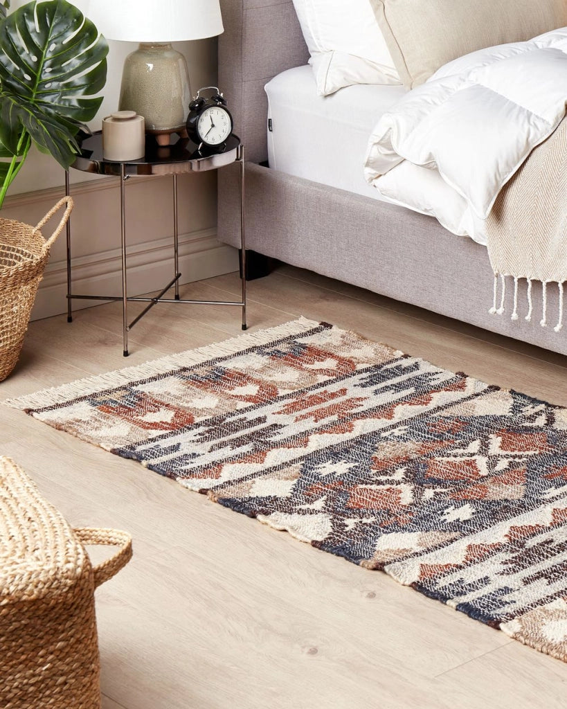 Tappeto in iuta multicolore 80 x 150 cm fatto a mano con motivo geometrico e nappe stile boho soggiorno camera da letto