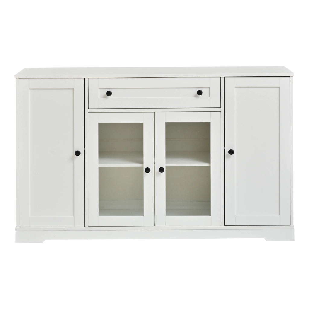 Credenza a quattro ante, mobile da ingresso, 2 ante in vetro, con cassetti, 138 x 40 x 83 cm, bianca