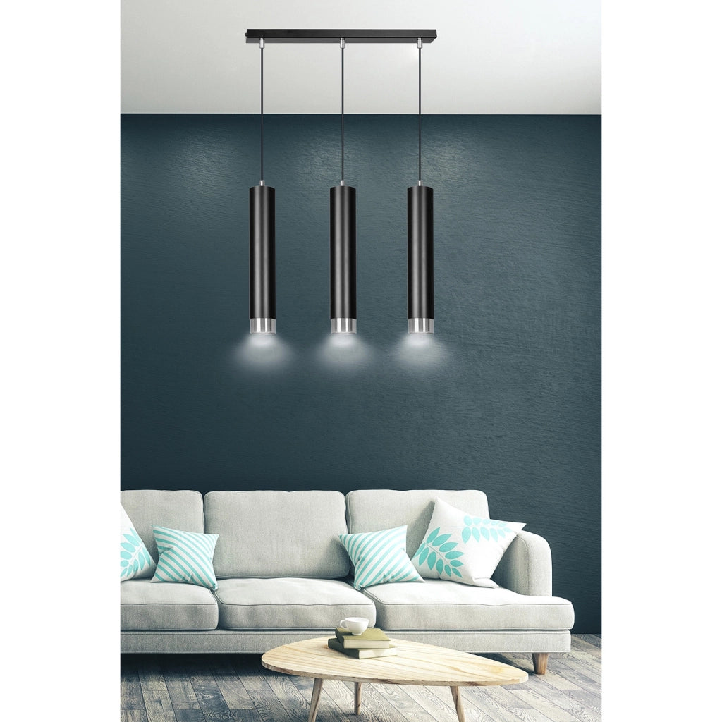 Lampadario 3 Luci Wagner In Acciaio Nero E Tubolari In Nero E Cromo