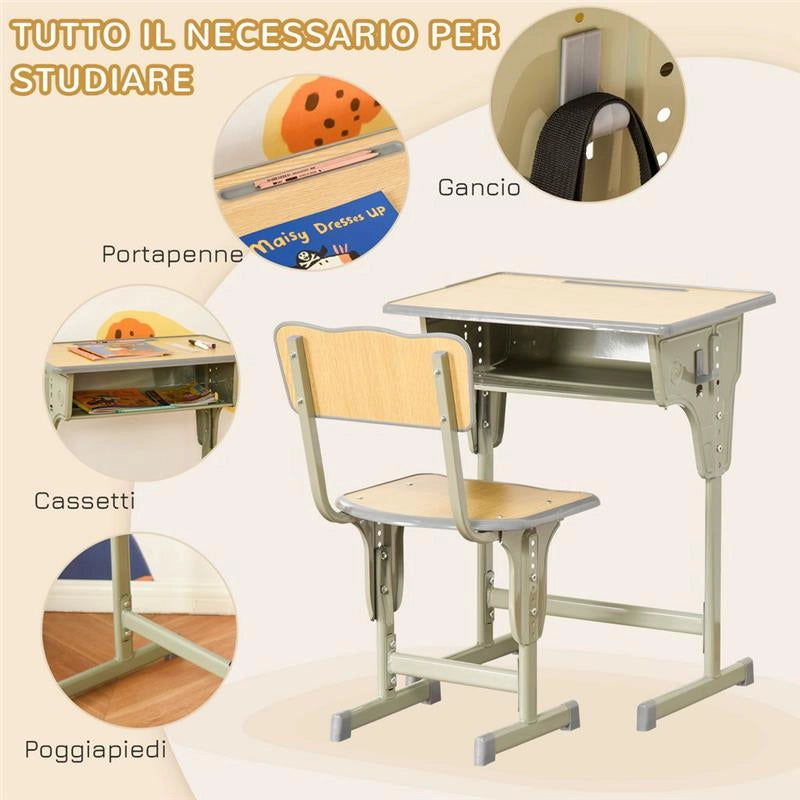 BANCO SCUOLA CON SEDIA PER BAMBINI 6-12 ANNI ALTEZZA REGOLABILE IN LEGNO