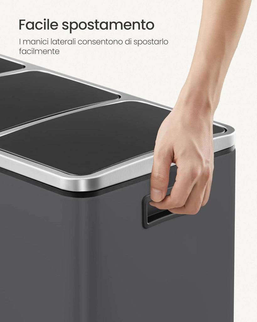 SONGMICS Cestino da Cucina, Pattumiera per Raccolta Differenziata 3 x 18L, 3 Scomparti per Riciclaggio, Coperchi a Chiusura Morbida, Pedali, Acciaio, Grigio Opaco LTB054G01