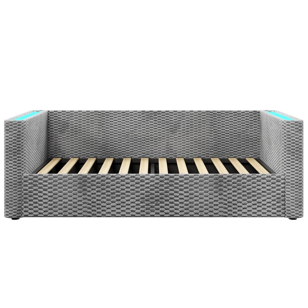 Letto Contenitore Singolo con LED ¨C MINIMAL ¨C Velluto Grigio, Idraulico, 90x200
