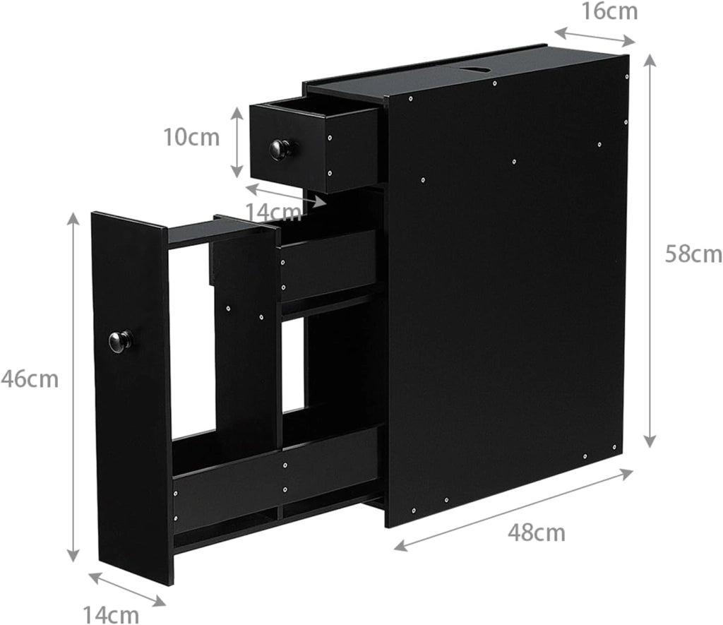 Mobile portaoggetti stretto con 2 cassetti, armadio salvaspazio ideale per spazio di ripostiglio, colonna del bagno, cucina, ufficio, WC, 48 x 16 x 58 cm (nero), QF42884FQFR