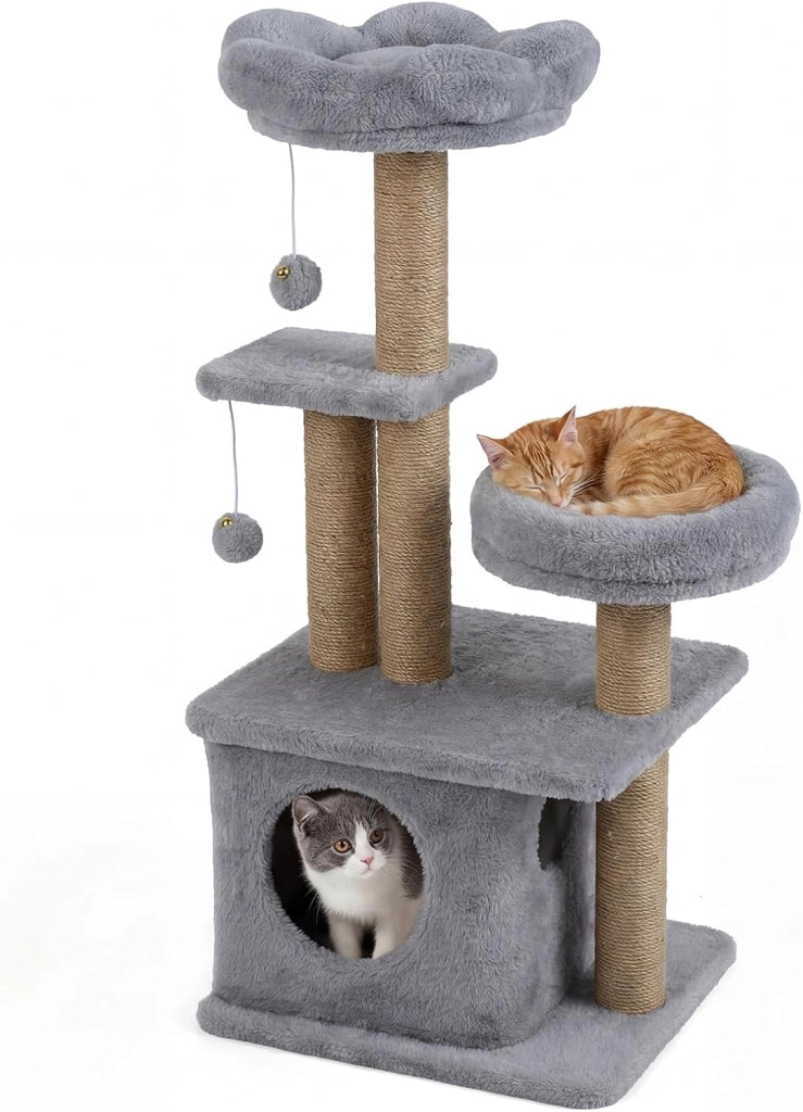 Albero per Gatti, Alberi Tiragraffi Alta 96 cm con Poggiolo Imbottito a Forma di Fiore, Condo Accogliente & Letto per Gatti, 2 Palline con Campanelli Appese & Posti per Graffiare (Grigio)