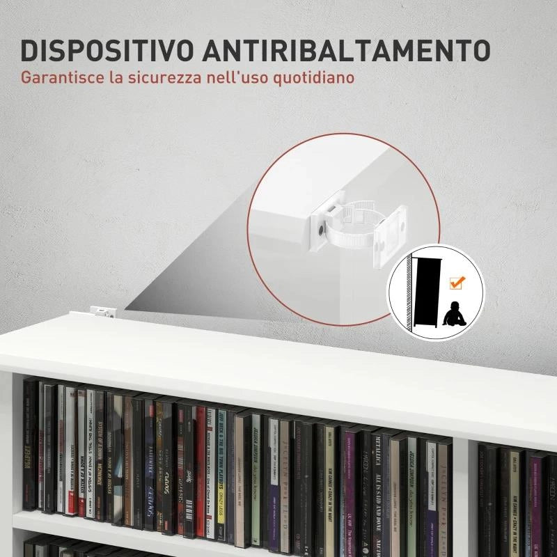 MOBILE LIBRERIA PORTA CD A 16 RIPIANI DAL DESIGN MODERNO IN LEGNO, 106.5X24X126.3 CM, BIANCO