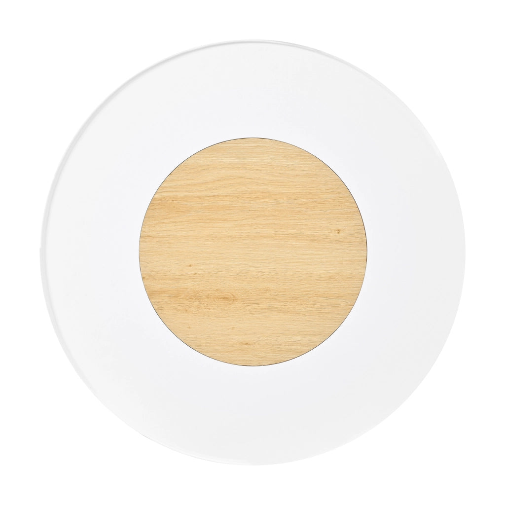 Tavolino basso rotondo con piano bicolore bianco e legno, base cilindrica scanalata, per soggiorno, 75 × 75 × 39 cm