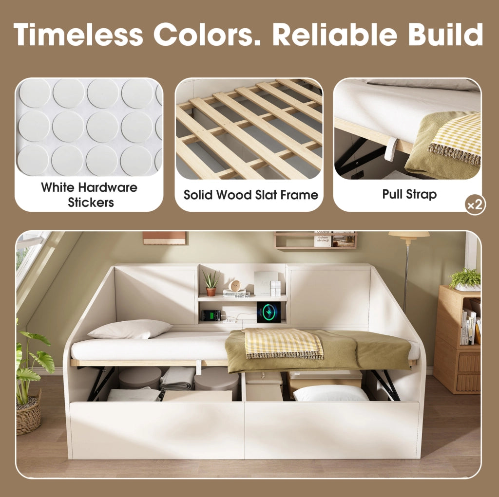 Letto da giorno ULEVR 90x200 cm bianco con contenitore idraulico, ripiani e ricarica USB/Type-C