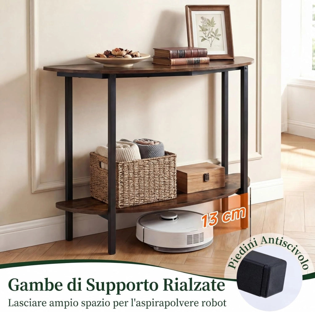 Consolle Ingresso 100 cm, Tavolo d’Ingresso a Forma di Mezzaluna con Doppio Ripiano Aperto, Tavolo Consolle Sottile e Salvaspazio per Salotto, Corridoio e Entrata