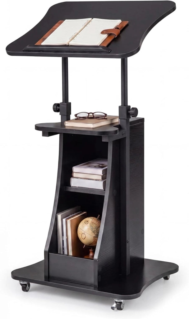 KOMFOTTEU Tavolino da Laptop Regolabile in Altezza 72-112cm con Ruote Universali, Piano Reclinabile, Ripiano Aperto e 2 Vani Portaoggetti, Scrivania per Computer Porta PC per Aula, Ufficio