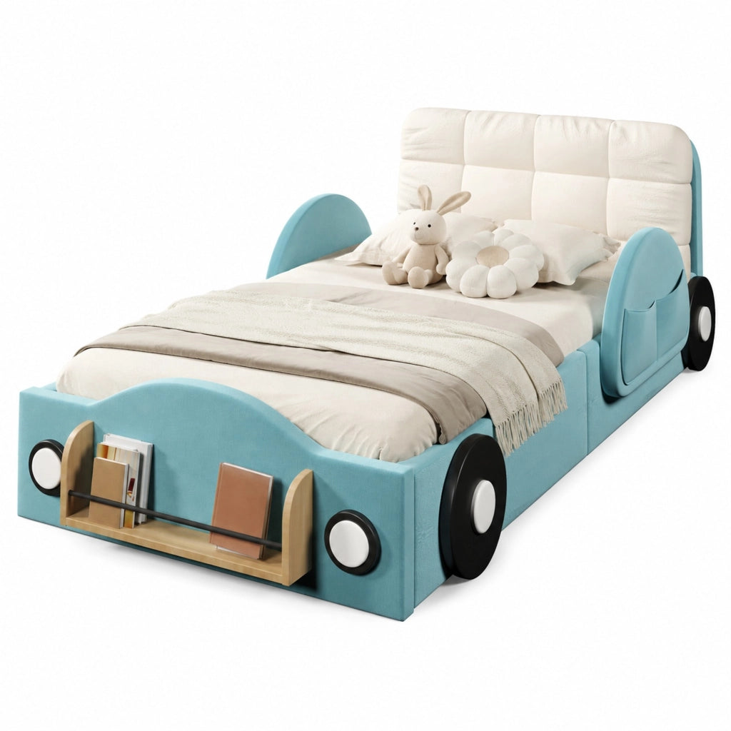 Letto Contenitore 90x200 cm con sollevamento idraulico; tasche laterali e ripiano in Flanella Blu