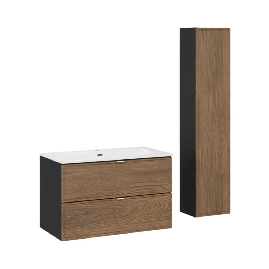 Set da bagno SAVIA: mobile sotto lavabo 80cm + lavabo incassato bianco + colonna contenitore