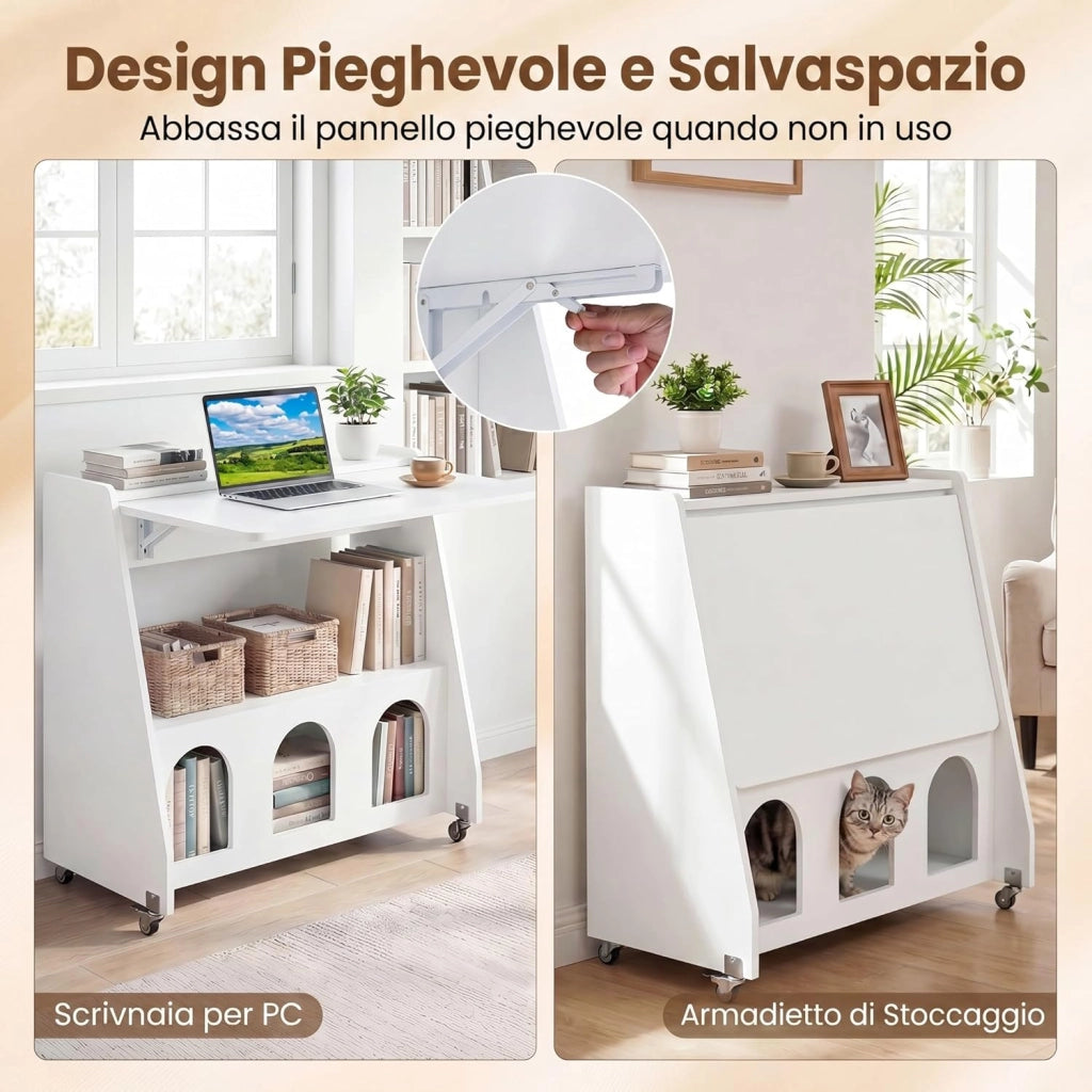 Scrivania Salvaspazio, Scrivania Pieghevole con Ruote, Ripiano Aperto, Ripiani Nascosti e Cuccie per Gatti, Scrittoio Moderno e Multifunzionale per Studio, Salotto e Camera da Letto (Bianco)