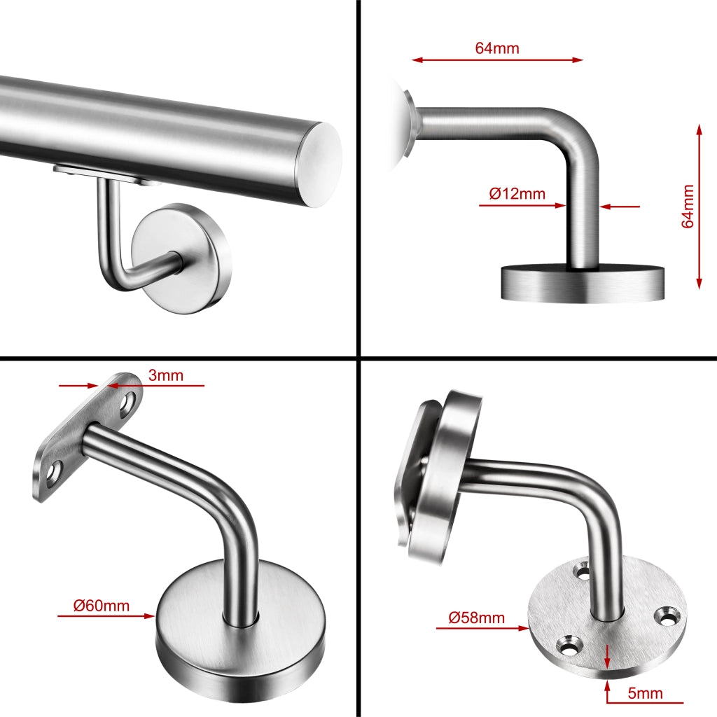 Corrimano a parete in acciaio kit inox AISI 304 argento, Lunghezza 200 cm, Ø 42,4 mm, per scale interni ed esterni