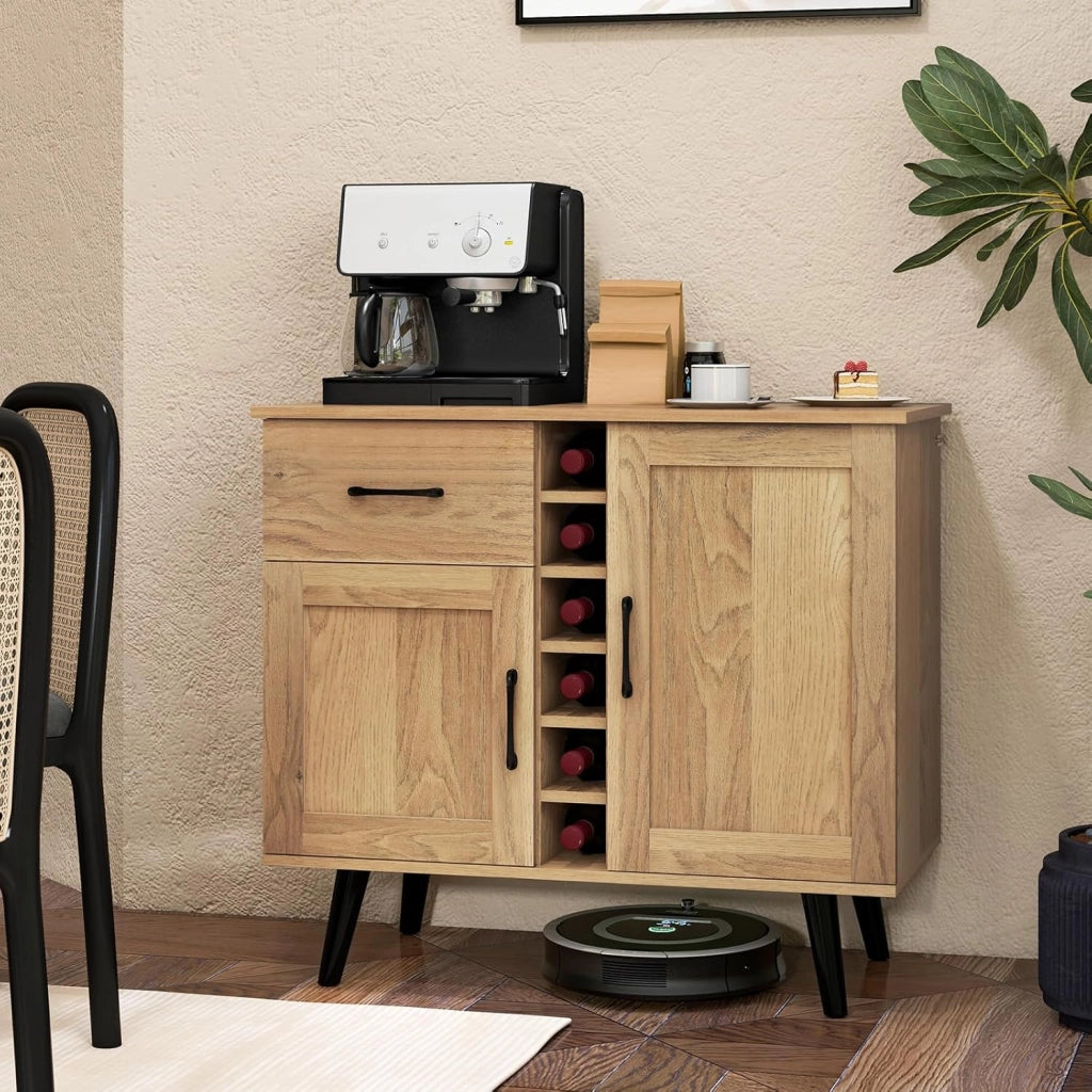Credenza Cucina Industriale, Cantinetta Vino Legno con 6 Bottiglie di Vino, 2 Scomparti con Anta e Dispositivo Antiribaltamento, Mobile a Buffet, Bar, Naturale, 90 x 40 x 79 cm