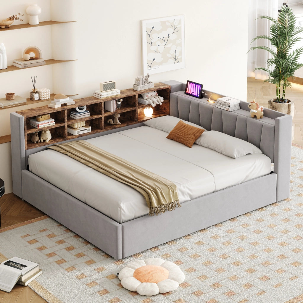 Letto Contenitore 140x200 cm; con USB; Type-C e mensole; in Velluto; Grigio Chiaro