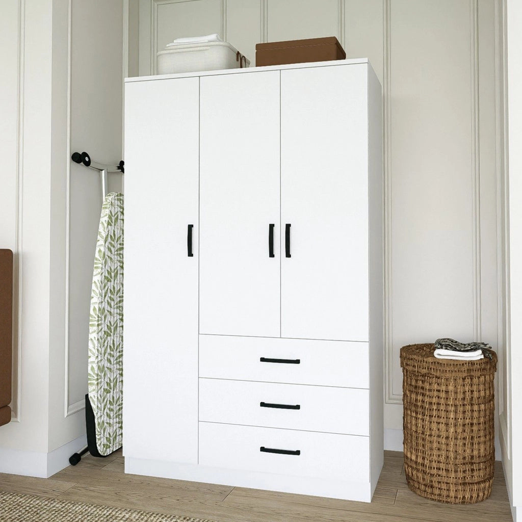 Armadio Camera da Letto Valdengo, Guardaroba 3 Ante 3 Ripiani, 90x47 cm Bianco