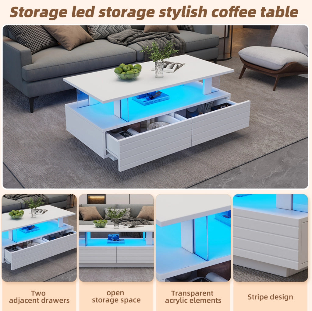 Tavolino da caffè LED con 2 cassetti e ripiano aperto; 100 x 50 x 42 cm; bianco