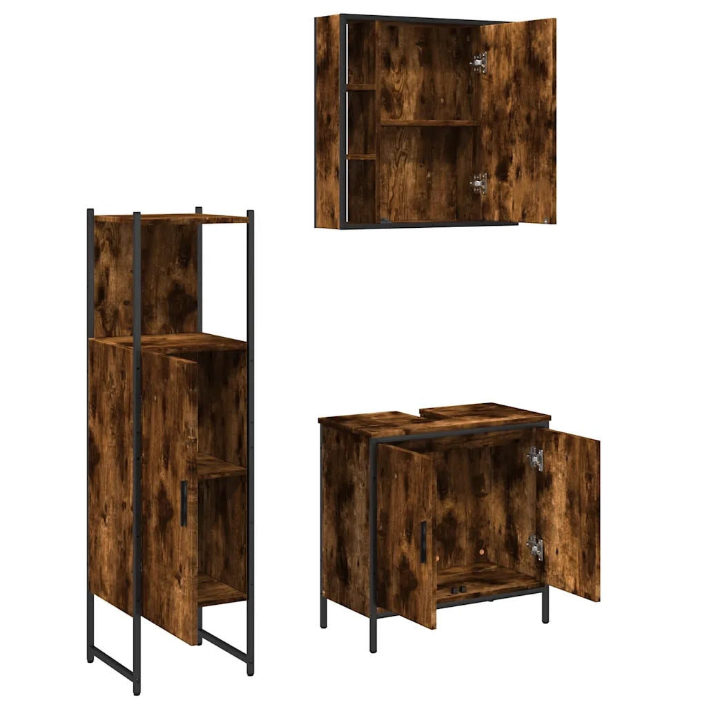 Set Mobili da Bagno 3 pz Rovere Fumo in Legno Multistrato 3214762