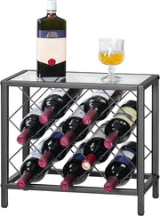 Wijnrek indipendente 10 bottiglie - contenitore del vino con vetro resistente - metallo nero - per bar ristorante cucina Wijnrek