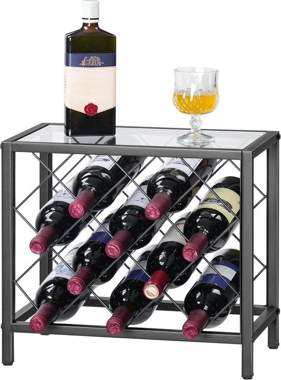 Wijnrek indipendente 10 bottiglie - contenitore del vino con vetro resistente - metallo nero - per bar ristorante cucina Wijnrek
