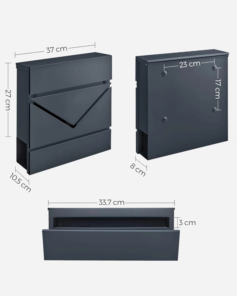 SONGMICS Cassetta Postale, Finestra a V, Cassetta Posta da Parete con Serratura, Coperchio, Vano Portagiornale, Facile da Montare, Grigio Antracite GMB054G01