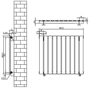 Radiatore Orizzontale 600 x 700 mm con Valvole TRV Nero