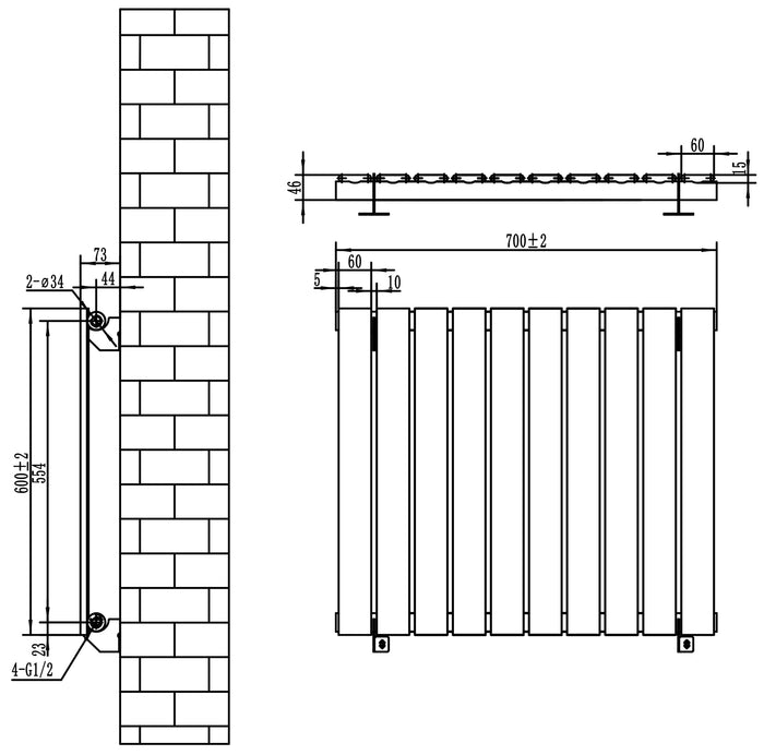 Radiatore Orizzontale 600 x 700 mm con Valvole TRV Nero